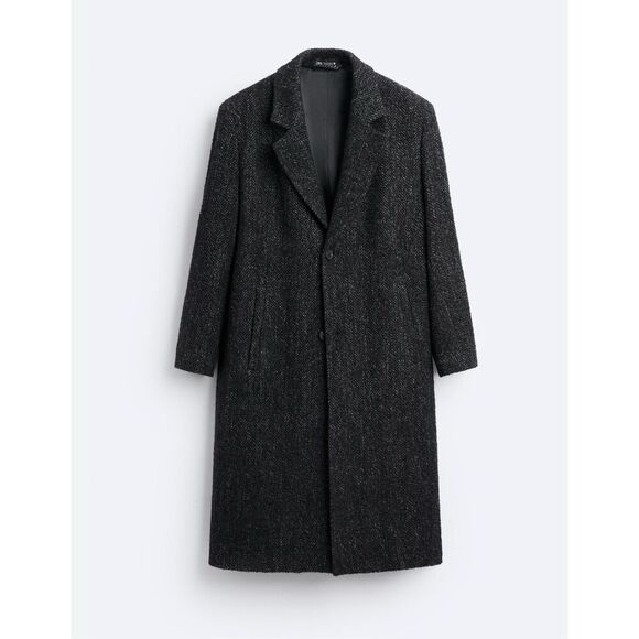 Zara Herringbone Wool Blend Notch Lapel Tweed Fully Lined Long Coat Black Large - Picture 1 of 10